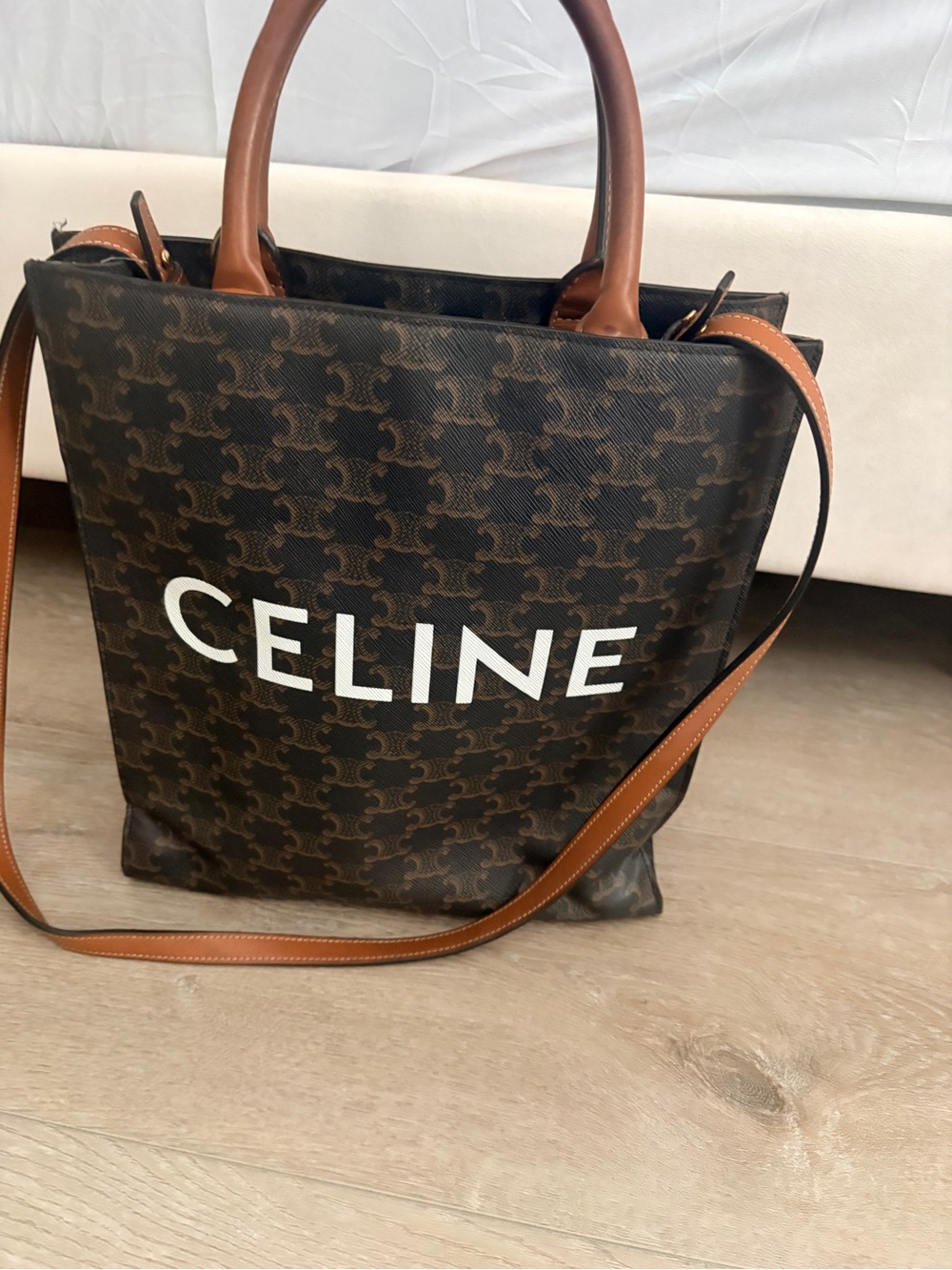 Celine Brown Monogram Canvas Tote with Tan Leather Trim